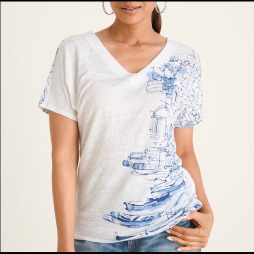 Chico’s Linen V-Neck Saul oat Print Tee SZ 3